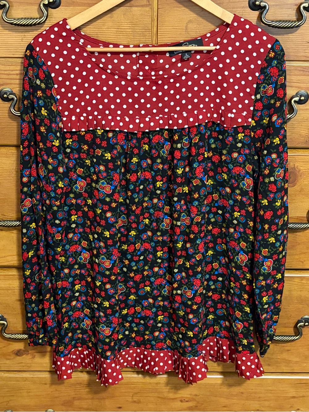 Suzanne Betro Black Floral Tunic with Red Polka Yoke and Hem
